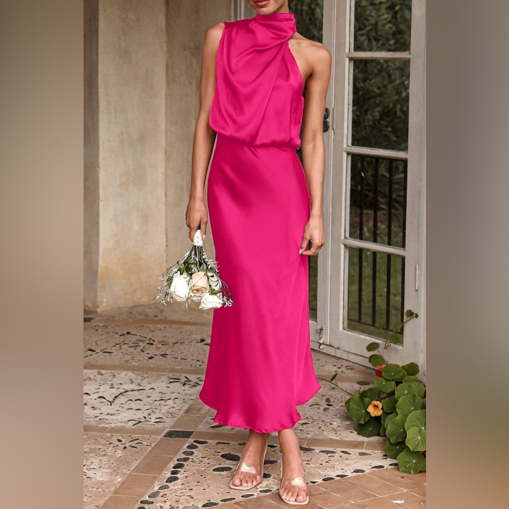 Women 2024 Satin Dress Elegant Sleeveless Mock Neck Cocktail Party Maxi Dress